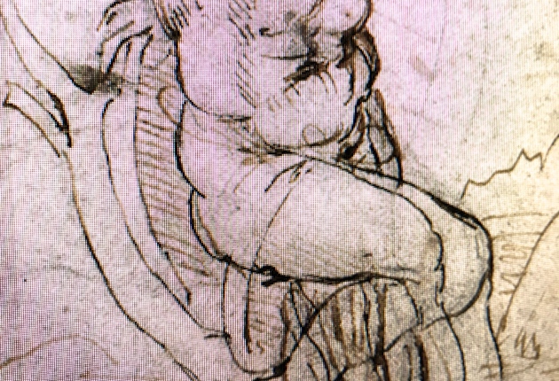 Detail showing the crosshatching from right to left and from bottom to top, typical of someone who is left-handed. One can also note the retouching done in black ink.